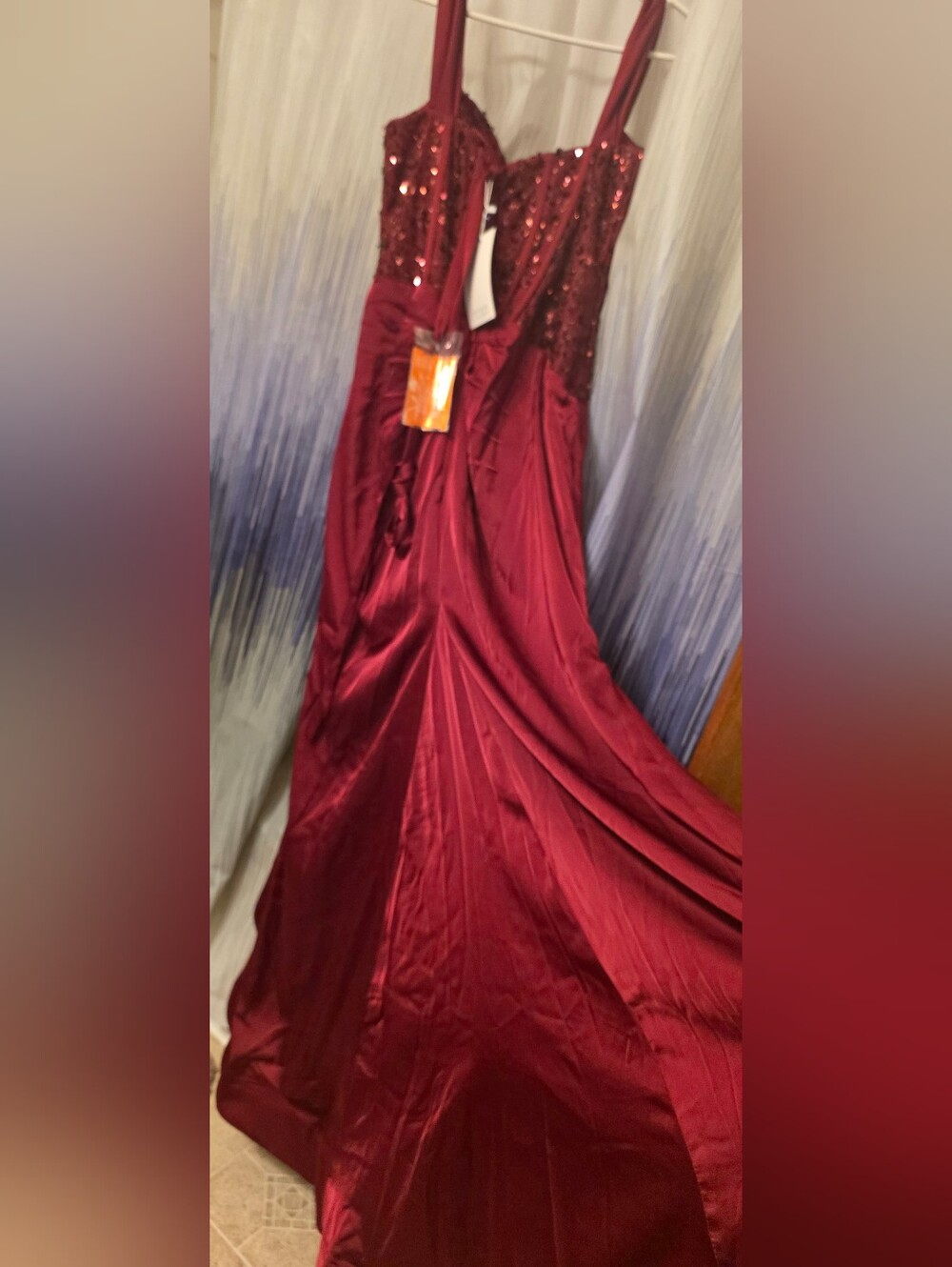 Elegant Burgundy Sequin Draped Prom Gown - Picture 6 of 7